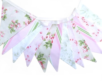 BUNTING - Floral and Country Stripe Vintage Style Flags .  HANDMADE . Pink Green Decoration or Girls Bedroom Pennant . Gift Idea