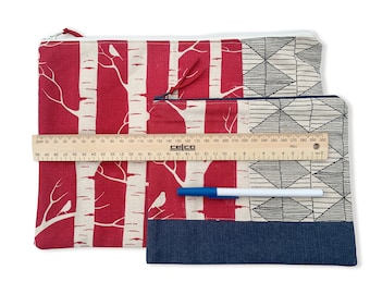 Zip Pouch x 2 - Upcycled Denim & Patchwork Style, Birch Trees - Pencil Cases - Project Bags - Clutch *** One Large + One Medium size