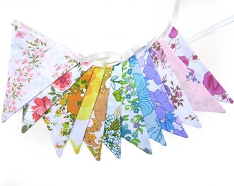 RAINBOW Bunting - Retro Multi-Colour Vintage Floral Fabric Flags . HANDMADE . Corporate Events, Birthday Parties, Garden Party