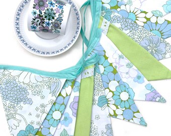 Retro Bunting Vintage Flower Power with Lace Flags. Aqua Green Tea Party Banner Decoration Birthday - Sustainable / Reusable