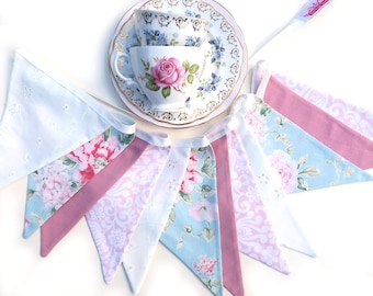 Tea Party BUNTING - Broderie Anglaise and Floral Vintage Style Flags . HANDMADE . Pink Blue Decoration or Girls Bedroom / Pennant / Decor