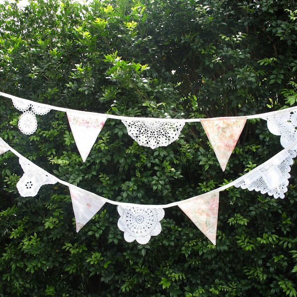 High Tea Bunting - Vintage Doily Lace & Fabric Flags - Garden Party . HANDMADE . Birthday Parties , Weddings , Kitchen Tea Celebrations