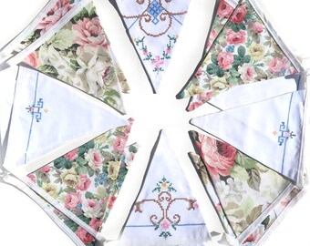 High Tea Party Bunting - Vintage Embroidery & Roses Fabric  Flags - Garden Party . Birthday Parties , Weddings , Kitchen Tea . HANDMADE