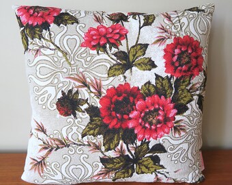 Handmade Barkcloth Cushion , Retro Flowers , Vintage ,  Upcycled , Christmas  BIRTHDAY  Gift