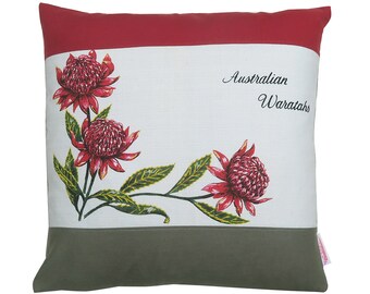 Handmade Cushion , Australian Waratahs Wildflowers , Made from a Vintage Retro linen Tea Towel  ,   Christmas ,  BIRTHDAY Gift