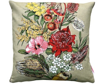 Vintage Retro Tea Towel  - Australian Banksia Wildflowers  Cushion - OOAK, upcycled. Christmas BIRTHDAY Mother's Day - Gift