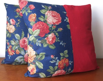 ROSES Two Tone Cushion, Red Blue  - Handmade Vintage - Upcycled . Mother's Day - BIRTHDAY gift idea