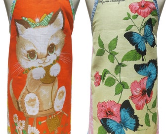 Handmade Tea Towel APRON, Knitting Cat  or Butterflies Vintage  Upcycled , Linen APRON  - ooak. Christmas, Birthday Gift. Australian Made