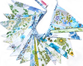 Bunting - Retro Green Blue Turquoise Multi Vintage Floral Flags . HANDMADE . Events, Birthday Parties, Garden Party * 4.55m