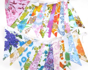 Bunting Flags  x 2 . Vintage Retro Flower Power Multi-Colour Florals . Birthday * Special Event * Garden Party . Australian HANDMADE