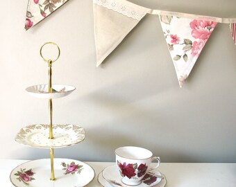 Tea Party Bunting Vintage Style - Roses and Ivory Lace Flags. Party, Wedding . High Tea Banner Decoration Birthday - Sustainable / Reusable