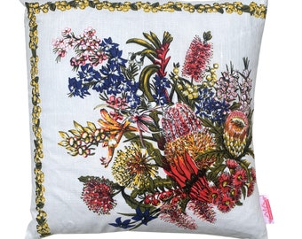 Cushion , Australian Wildflowers , Hand Made from a linen Vintage Retro Table Cloth , Upcycled ,  Bottlebrush , Christmas Gift