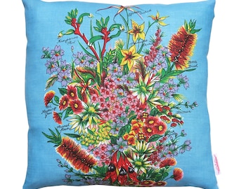 Cushion , Vintage Retro Australian Wildflowers on Blue linen  ,  upcycled , handmade , Christmas BIRTHDAY Gift