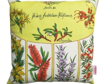 Western Australia Wildflowers Cushion made from a linen Vintage Retro Tea Towel , HANDMADE . Christmas BIRTHDAY Gift