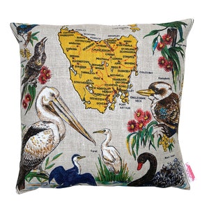 Australische BIRDS Of TASMANIA Kissen, Vintage Retro Leinen - Handgemacht, upcycled. Weihnachten, Geburtstagsgeschenk
