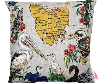 Australian BIRDS Of TASMANIA Cushion,  Vintage Retro linen -  Handmade , upcycled . Christmas ,  Birthday Gift