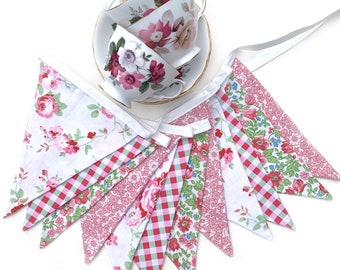 BUNTING - Floral & Check, Vintage Tea Party Style Flags . HANDMADE . Pink Green Red Decoration or Girls Bedroom  Decor