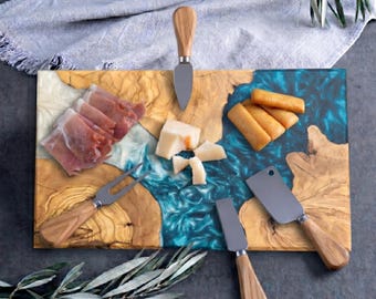 Ocean Blue & White Resin Charcuterie Board, Olive Wood Cheese Board, Handmade Serving Tray