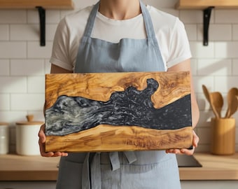 Handmade Olive Wood Charcuterie Board with Black & White Resin, Modern Serving Board