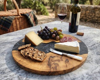 Black Resin Olive Wood Serving Board, Handmade Round Charcuterie Tray