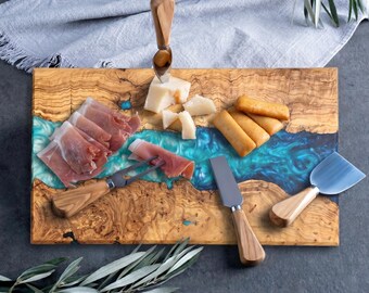 Custom Resin & Olive Wood Charcuterie Board: Live Edge Rustic Kitchen Decor