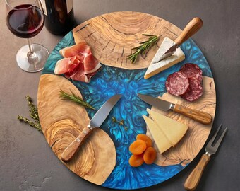 Ocean Blue Resin Olive Wood Serving Board, Handmade Round Charcuterie Tray