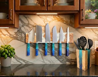 White Resin Olive Wood Magnetic Knife Rack, Personalized Kitchen Storage, Handmade Wooden Knife Holder, Modern Wall Knife Organizer