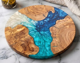 Olive Wood Charcuterie Board with White, Mint & Blue Resin, Personalized Round Serving Tray, Handmade Cheese Board