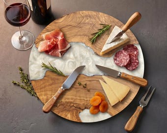 White Resin Olive Wood Charcuterie Board, Handmade Round Serving Tray, Personalized Cheese Platter