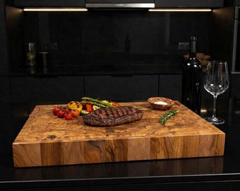 Tabla de cortar de madera de olivo hecha a mano — Bloque de carnicero de grano final — Tabla de cocina rústica grande — Regalo único