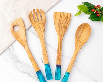 Olive Wood & Resin Spoon Set of 4 – Handmade Rustic Kitchen Gift