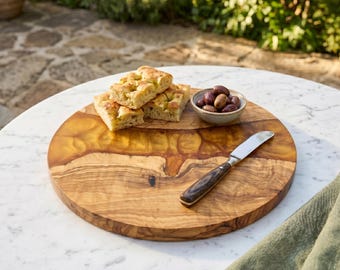 Olive Wood Charcuterie Board with Gold Resin, Personalized Round Serving Tray, Handmade Cheese Board
