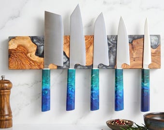 Gray Epoxy Olive Wood Magnetic Knife Holder, Handmade Wooden Knife Rack, Modern Kitchen Wall Storage, Chef Gift