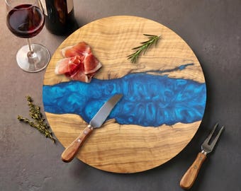 Blue Resin Olive Wood Serving Board, Handmade Round Charcuterie Tray