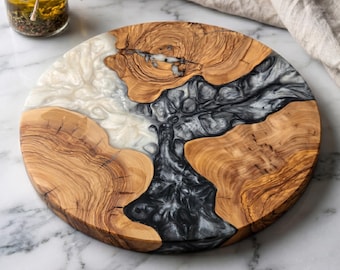 Handmade Olive Wood Resin Charcuterie Board, Black White Serving Tray