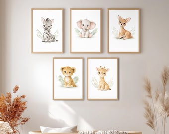 Safari dieren kinderkamer muurkunst set van 5, schattige jungle baby dierenprints afdrukbaar