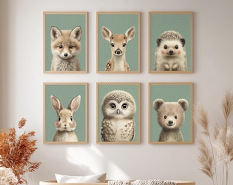 Juego de arte de pared para habitación infantil con temática de bosque, estampados de animales del bosque, decoración para habitación de bebé de género neutro, descarga imprimible
