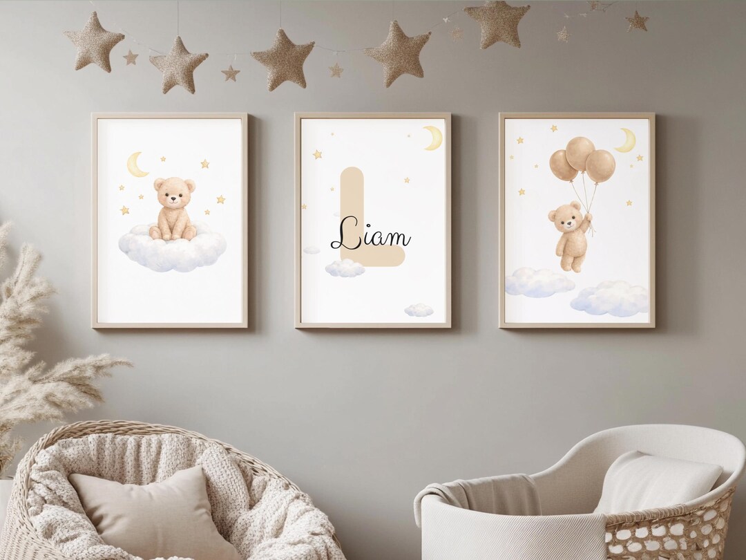Personalized Teddy Bear Nursery Wall Art Set, Neutral Baby Room Decor ...