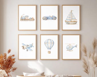 Juego de 6 impresiones de vehículos para pared de guardería, impresiones de transporte para habitación de niño, decoración imprimible para habitación infantil.