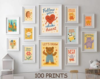 Juego de 100 láminas de arte mural para habitación infantil, decoración ecléctica para guardería y sala de juegos, arte imprimible colorido.