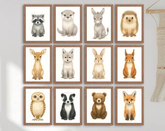Woodland Animal Nursery Wall Art Set of 12, Cute Forest Animals Printable