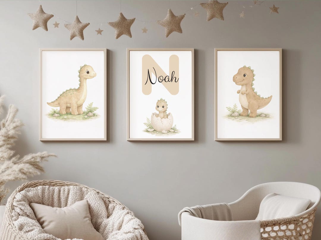 Personalized Dinosaur Nursery Wall Art Set, Custom Baby Name Print ...