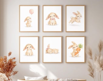 Conjunto de pôsteres de coelhinhos para quarto de bebê, decoração fofa de parede com coelhinhos da floresta, rosa neutro, download digital.
