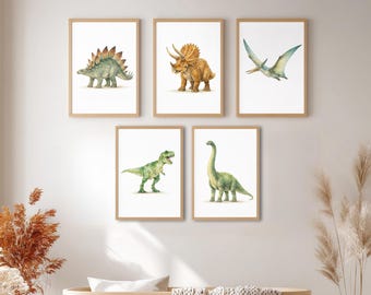 Dinosaurus kinderkamer muurkunst set van 5, aquarel dinoprints voor kinderkamer afdrukbaar