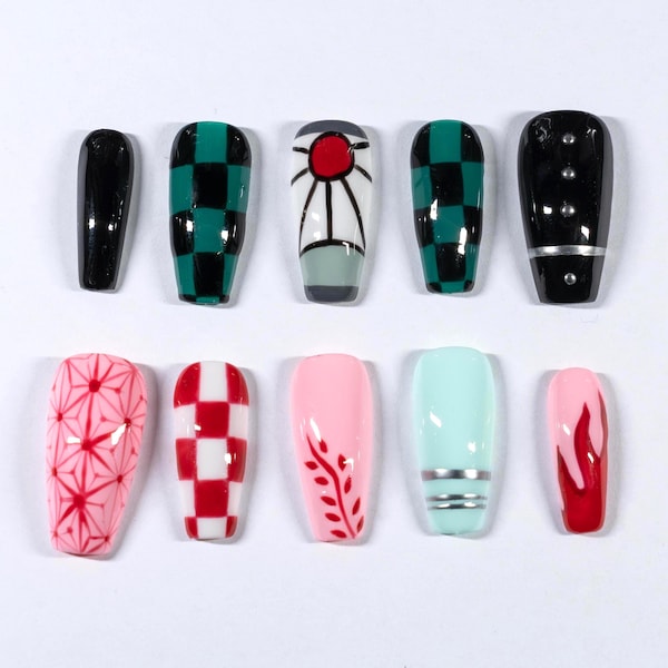Demon Slayer Press On Nails / Nezuko and Tanjiro Kamado Inspired Nails / Handpainted Japanese Nails /  Cosplay Nail Art