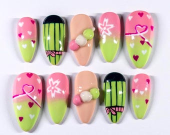 Presse pour tueur de démons / Ongles inspirés de Mitsuri Kanroji et Obanai Oguro / Ongles japonais peints à la main / Art d'ongles Cosplay