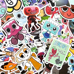 May include: A collection of colorful cartoon stickers featuring various characters with large eyes and unique designs. One sticker reads "ENJOY" with a strawberry character. The stickers are in various shapes and sizes.
