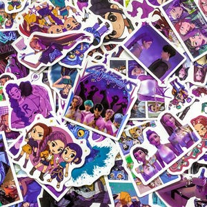 May include: A collection of colorful stickers featuring various cartoon characters and the text "Sixboys". The stickers showcase a range of designs, including anime-style illustrations, portraits, and stylized figures, with a predominant color palette of purple and blue.