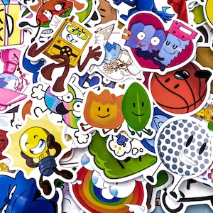 May include: A selection of vibrant cartoon stickers with diverse designs. The stickers depict a smiling lightbulb, a basketball, a smiling flame, a smiling leaf, and other playful characters. The stickers are set against a white backdrop.