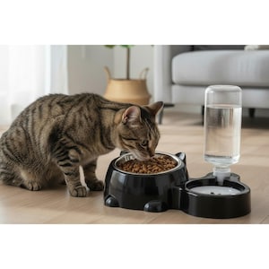 Puede incluir: Un gato atigrado come de un cuenco de comida negro con forma de gato y un interior de acero inoxidable. Se adjunta un dispensador de agua transparente. El gato está sobre un suelo de madera clara.
